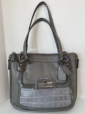 Coach Kristin Spectator Leather Hobo in Gray with Croc-Trim Accents